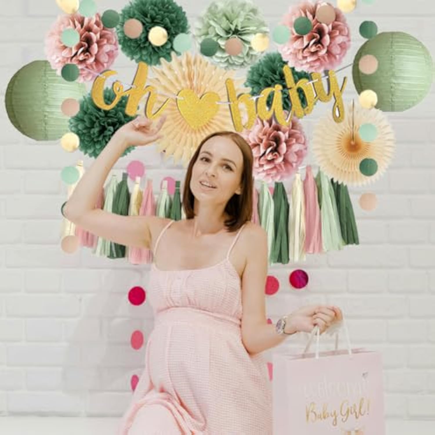 Dusty Pink And Sage Green Baby Shower Decorations Boho Oh Baby Shower Decorations For Girl Dusty Rose And Sage Green Paper Lanterns Pom Poms Beige Fans With Olive Cream Tassel Garland