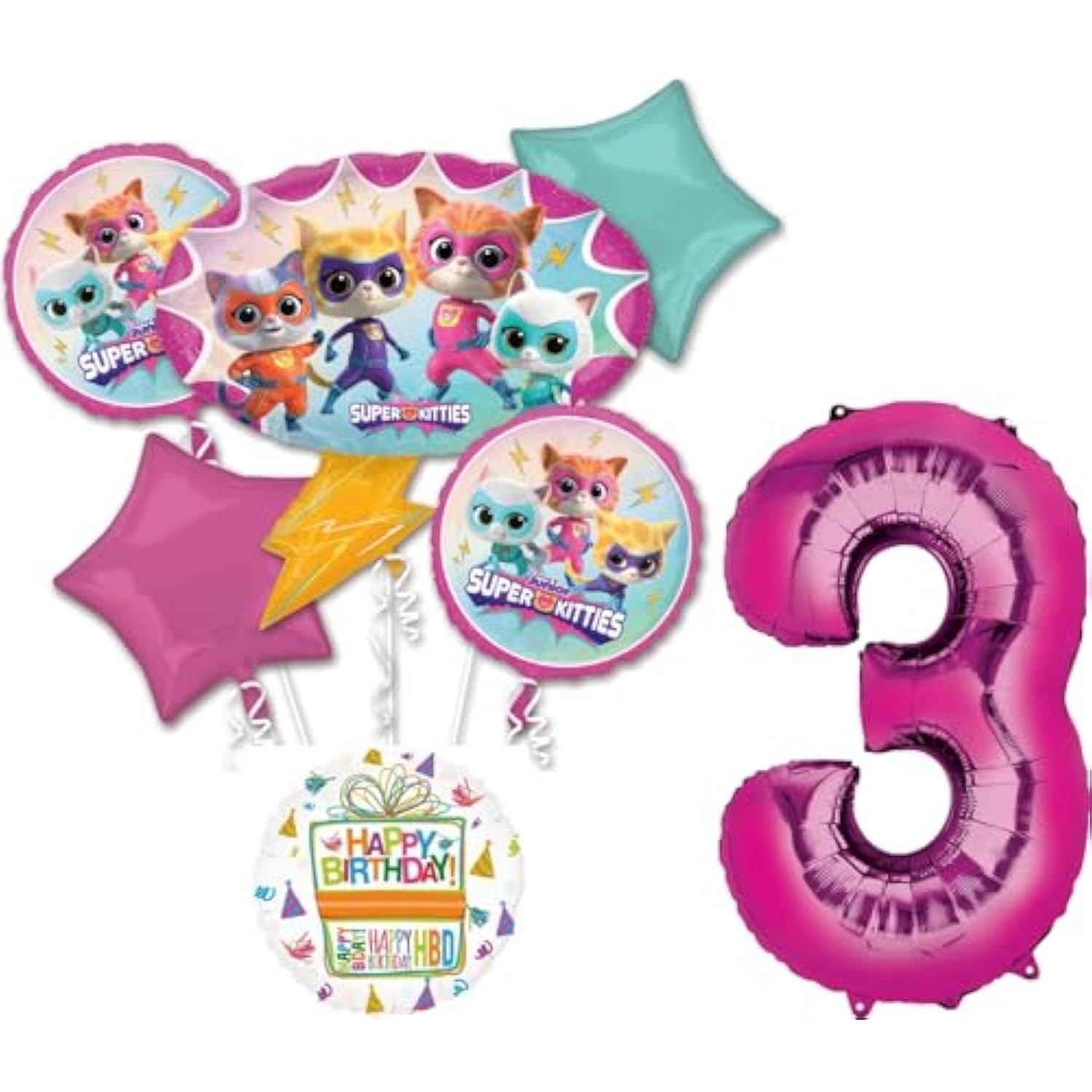 Anagram SuperKitties 3rd Birthday Party Supplies 7pc Balloon Bouquet Decorations