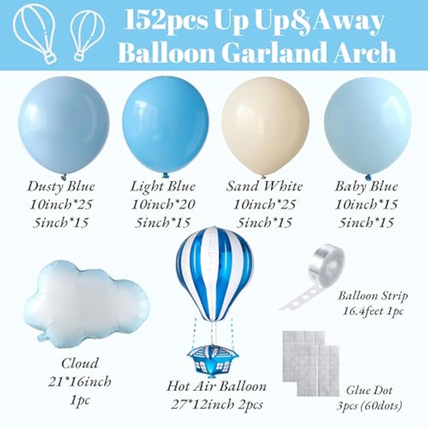 Up Up And Away Balloon Garland Arch Kit, 152Pcs Dusty Slate Fog Baby Blue And Sand White Balloons With Hot Air Balloon And Cloud Foil Balloons For Baby Shower Decoration Teddy Themed Party