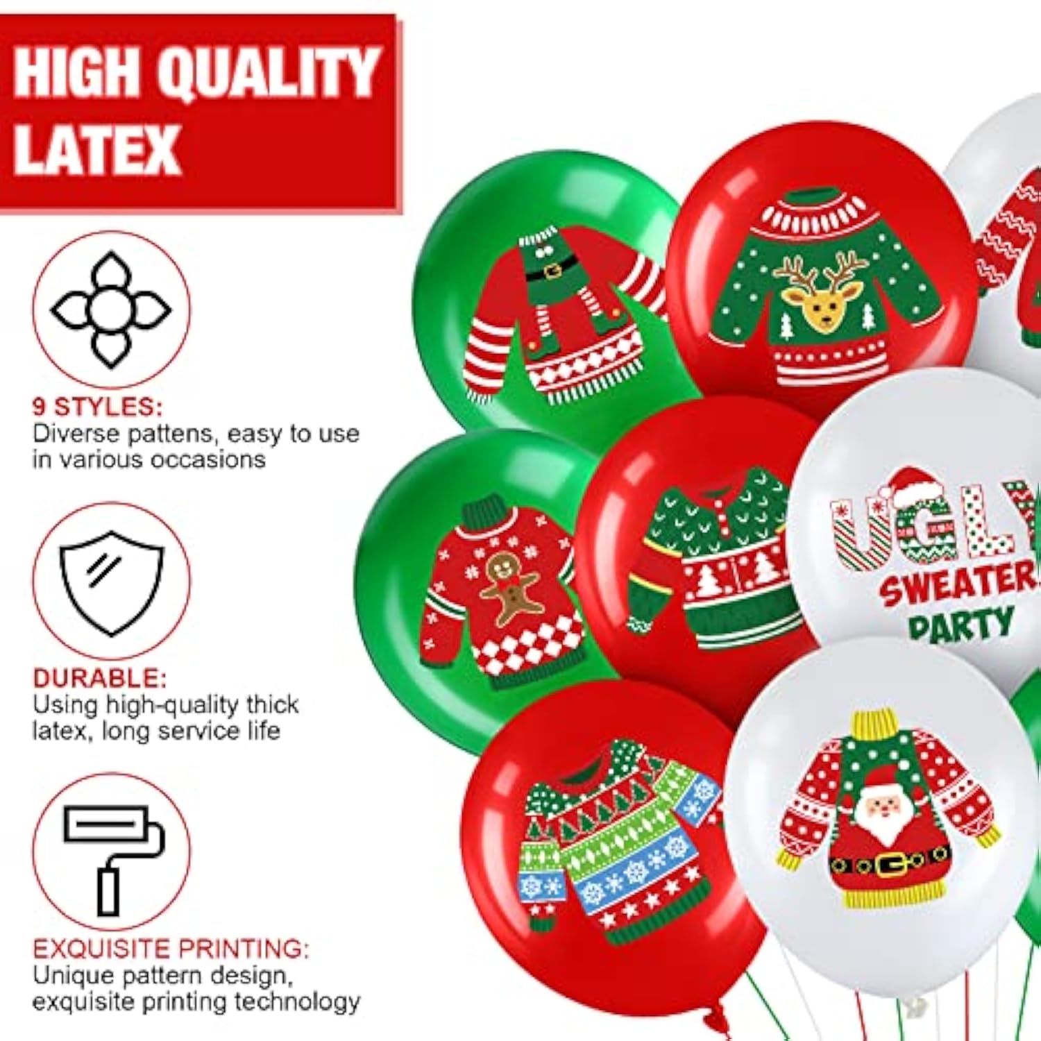 45 Pcs Christmas Balloons Ugly Sweater Balloon 12 Inch Red Green White Latex Balloons For Ugly Sweater Themed Party Christmas Party Decorations