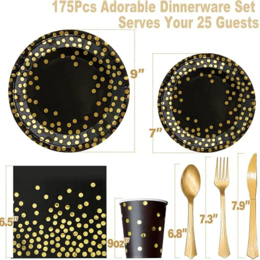 175Pcs Black And Gold Party Supplies, Severs 25 Disposable Party Dinnerware Gold Plastic Forks Knives Spoons And Golden Dot Black Paper Plates Black Napkins Cups For New Years Graduation Birthday
