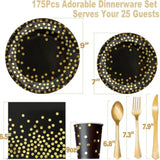 175Pcs Black And Gold Party Supplies, Severs 25 Disposable Party Dinnerware Gold Plastic Forks Knives Spoons And Golden Dot Black Paper Plates Black Napkins Cups For New Years Graduation Birthday