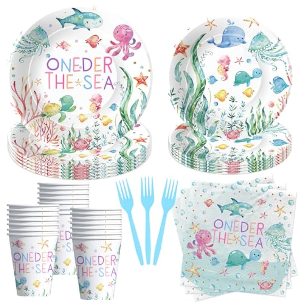 Under The Sea One Year Old Birthday Party Decorations Tableware, Ocean Oneder Sea 1St First Birthday Decorations Supplies, Paper Plate, Cup, Napkin, Fork | Serves 24