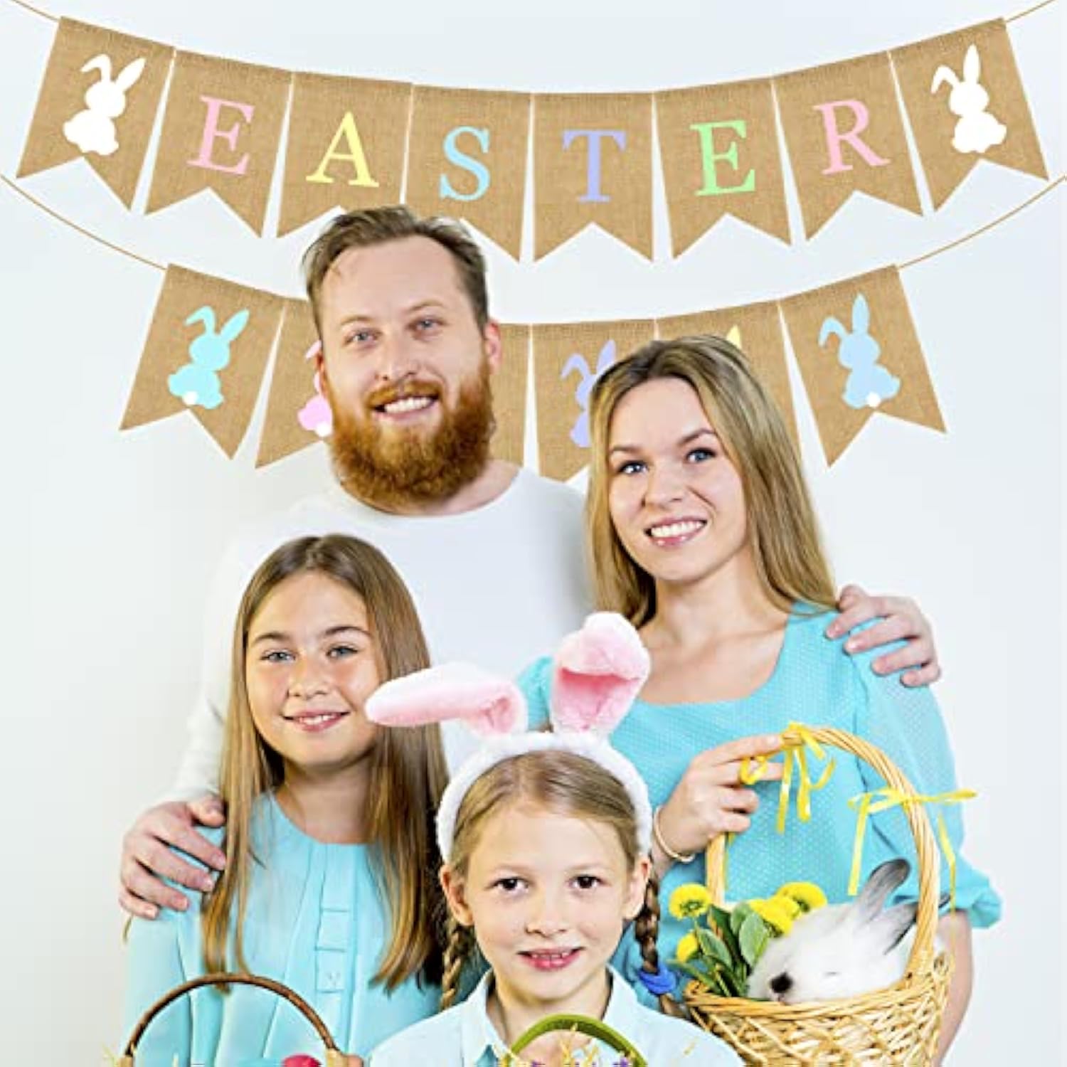 2Pcs Colorful Easter Burlap Banner Bunny Bunting Garland - Easter Party Banner For Mantle Fireplace Wall Party Supplies