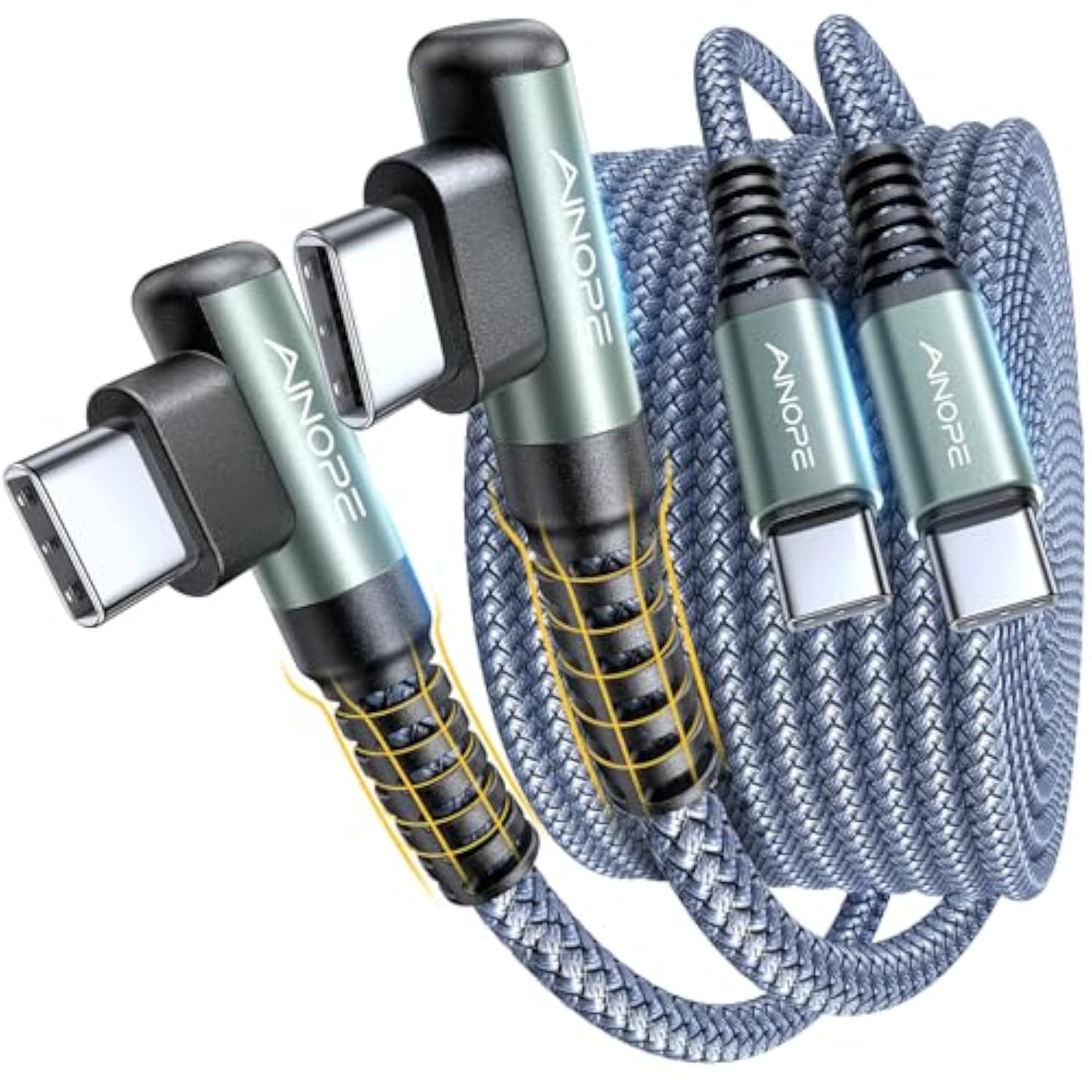 2-Pack 6.6ft 60W USB C to C Cable, Right Angle Nylon Fast Charger for iPhone/Samsung