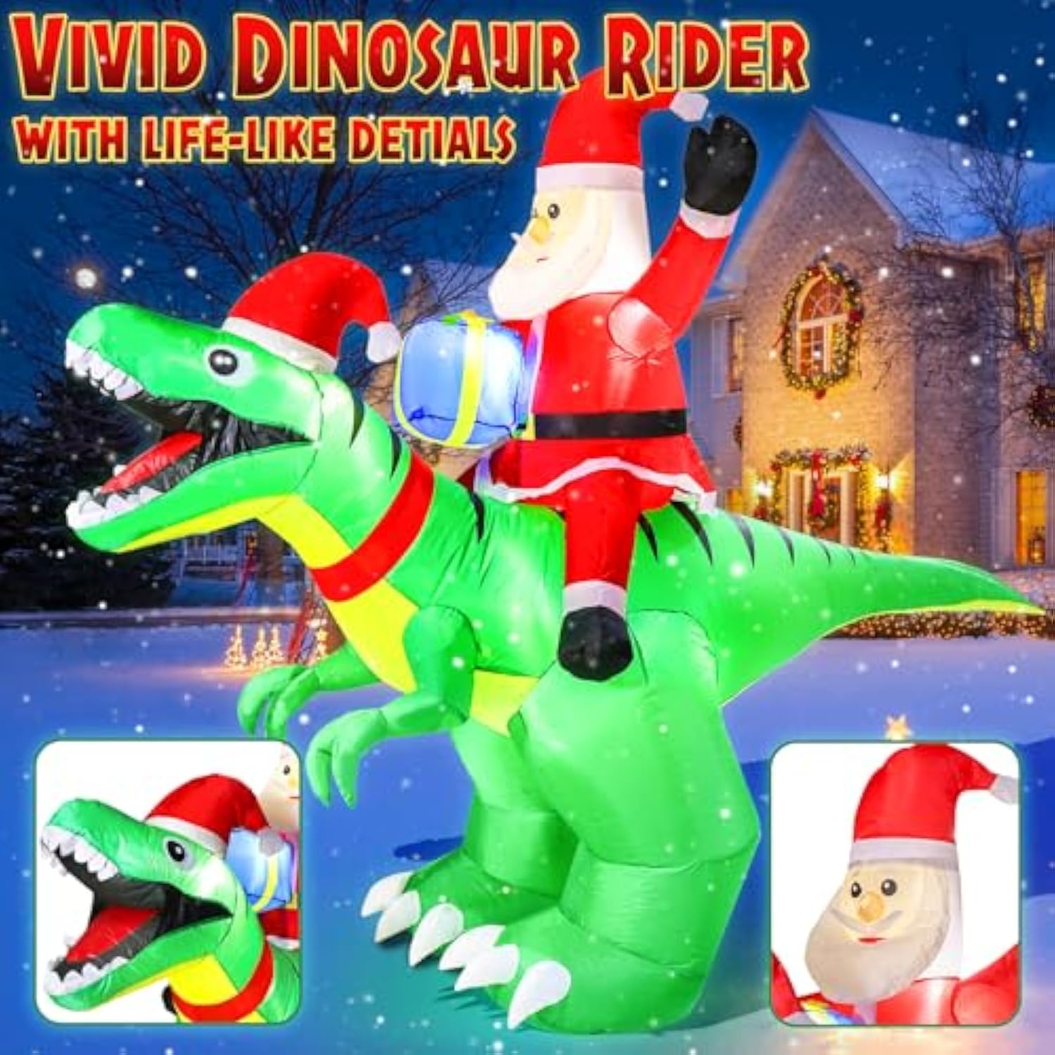 9X7Ft Christmas Inflatables Santa Ride On Dinosaur With Led Outdoor Christmas Dinosaur Inflatable Blow Up Yard Decoratio