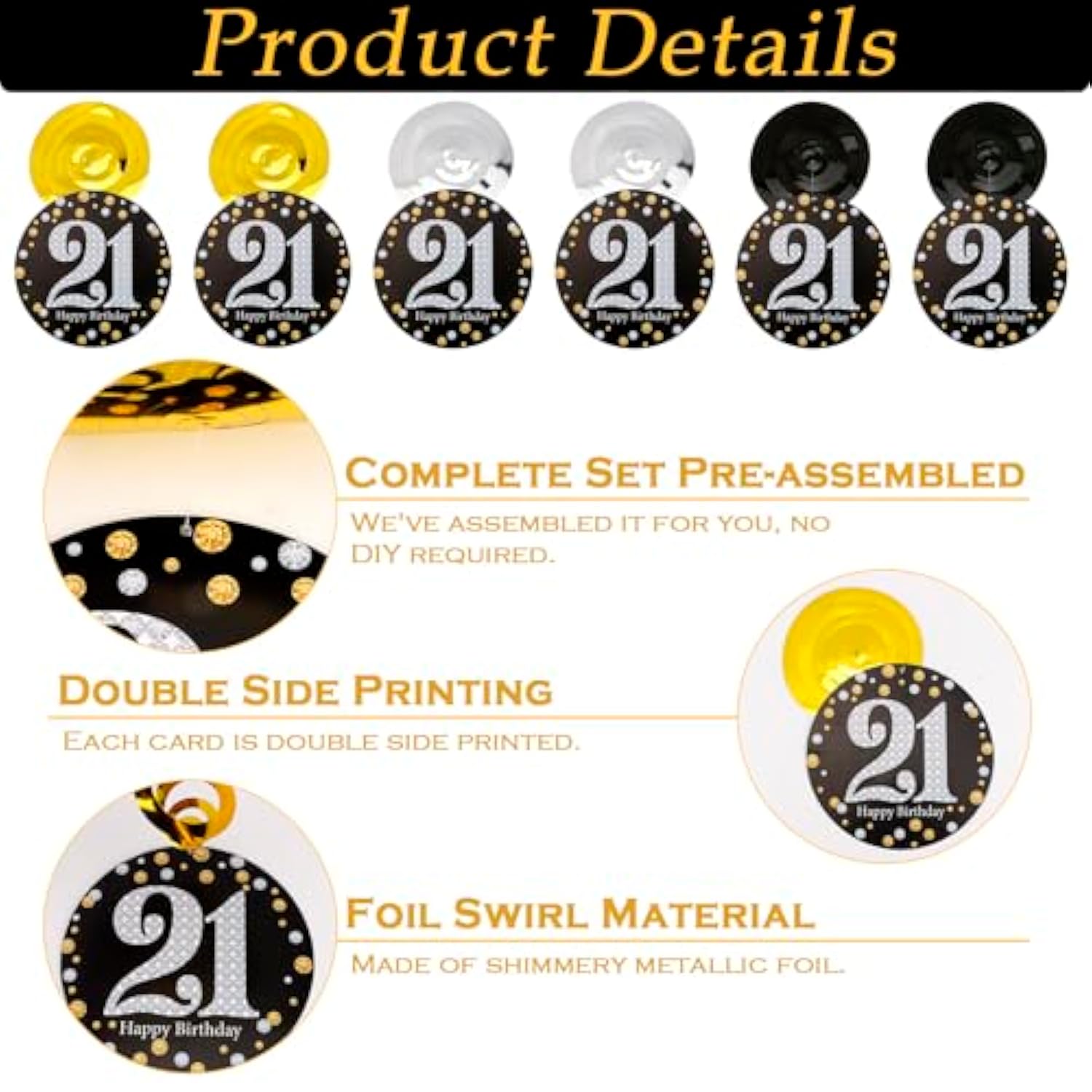 21St Birthday Decorations - Black Gold Pre-Assembled Triangle Flag Banner And Glitter Hanging Swirls Party Set