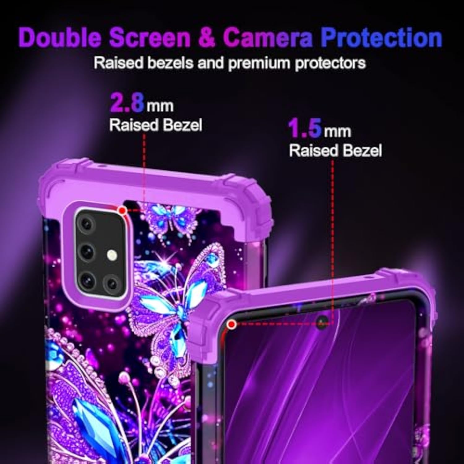 For Galaxy A51 5G Case,Glow In The Dark Three Layer Heavy Duty Shockproof Full Body Hard Plastic Bumper+Soft Silicone Protective Case For Samsung Galaxy A51 5G,Amaranth Dark