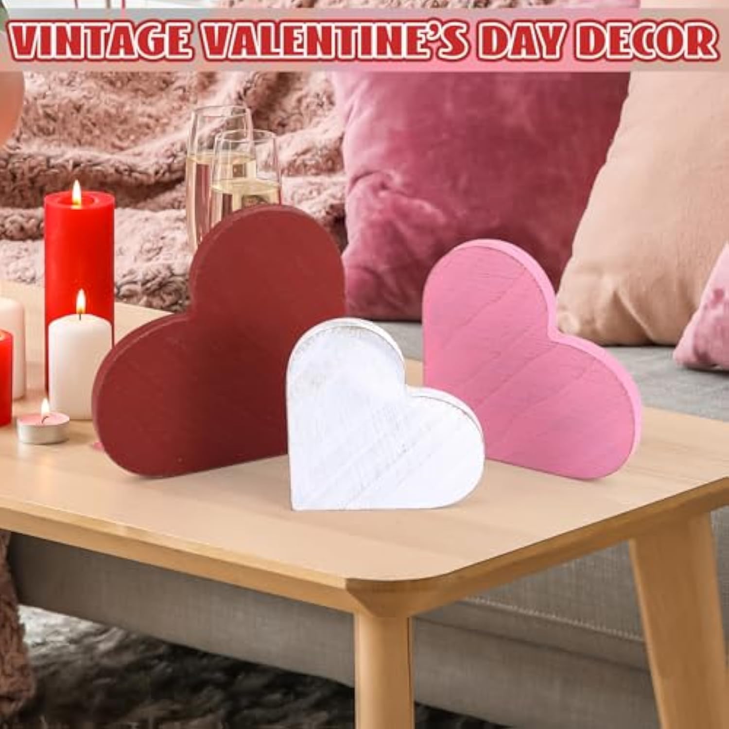 3 Pcs Valentines Day Decor Wooden Heart Sign Rustic Farmhouse Tabletop Centerpiece Red Pink White Table Decorations For Tiered Tray Home Kitchen Bedroom Couple Gifts