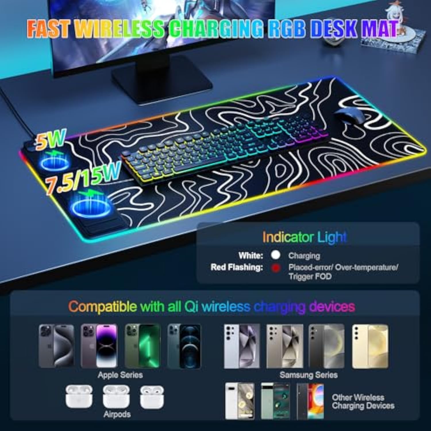 Mouse Pad With Phone Holder, Wireless Charging Desk Mat, Rgb Gaming Mousepad Home Office Large Desk Pad With Ultra-Smooth Surface, Non-Slip Base, Waterproof Keyboard Pad,Topographic Black