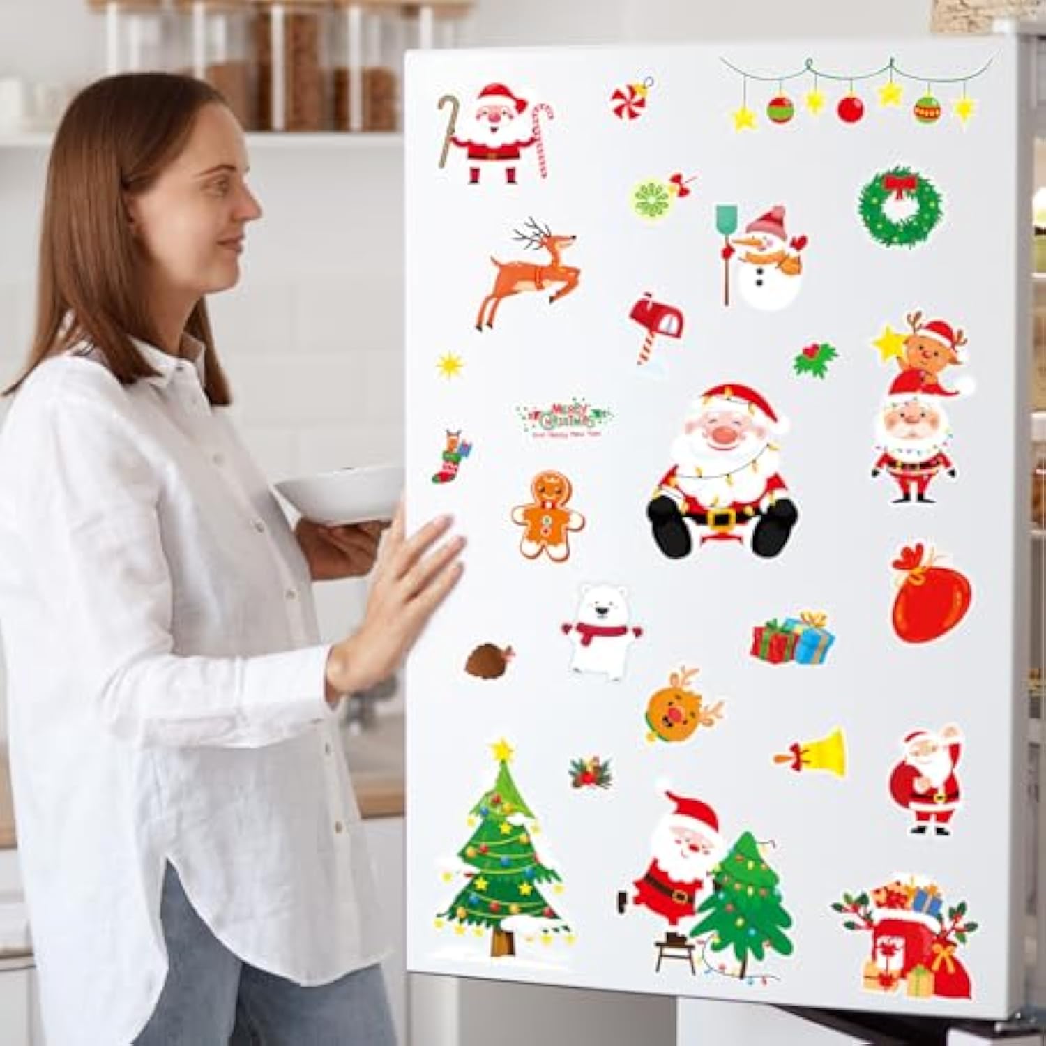 Christmas Wall Decals 124 Pieces Merry Christmas Wall Stickers Santa Snowman Winter Snowflakes Xmas Candy Stickers For Wall Window Door Bedroom Garage Home Office Decor