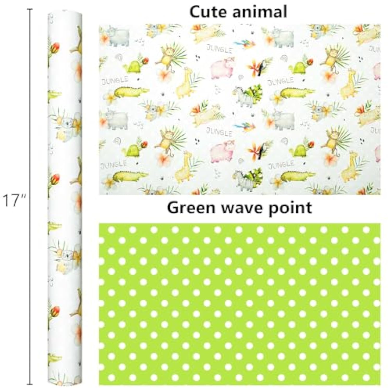 Animal Wrapping Paper, Reversible Dot Design Gift Wrap For Baby Shower, Birthday, Valentines, Mothers Day, Graduation, Wedding, Fathers Day, Christmas (17 Inch X 32.8 Feet)