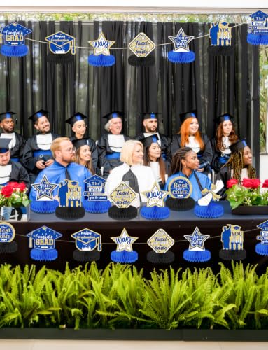 Graduation Centerpieces for Tables, 9Pcs Graduation Table Decorations, 3D Royal Blue Congrats Grad Honeycomb Centerpieces Table Toppers, Photo Props for Class of 2026 Grad Party Favors