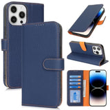 Genuine Leather Wallet Case for iPhone 14 Pro 6.1 Inch with 4 Card Slots, Blue and Orange Color Combination