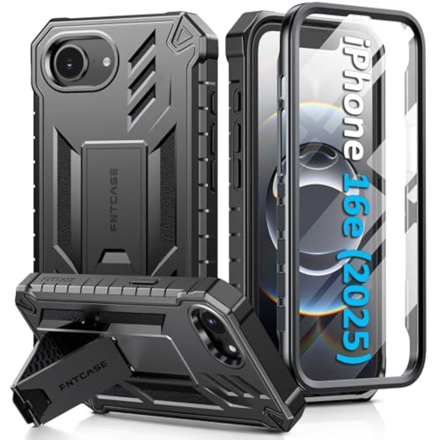 For Iphone 16E Phone Case: Military Grade Drop Proof Protection Mobile Cover With Kickstand | Matte Textured Rugged Shockproof Tpu | Protective Sturdy Iphone 16E Cases 2025 - Black