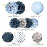 Dusty Blue Tissue Pom Poms & Paper Lanterns: Glitter Confetti Party Decor
