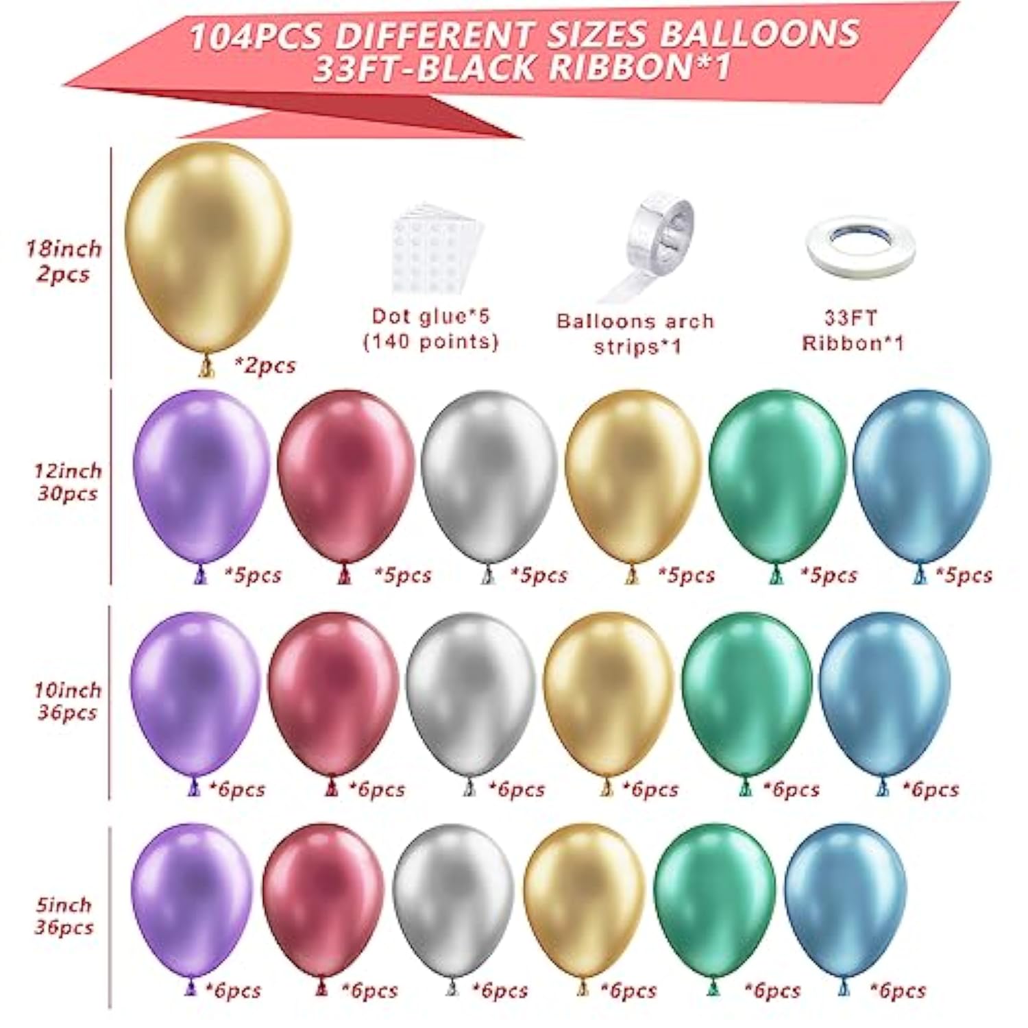Metallic Balloons Arch Garland Kit, 104Pcs 18In 12In 10In 5In Chrome Gold Silver Green Purple Red Balloons For Engagement Wedding Birthday Baby Shower Anniversary Celebration Decorations