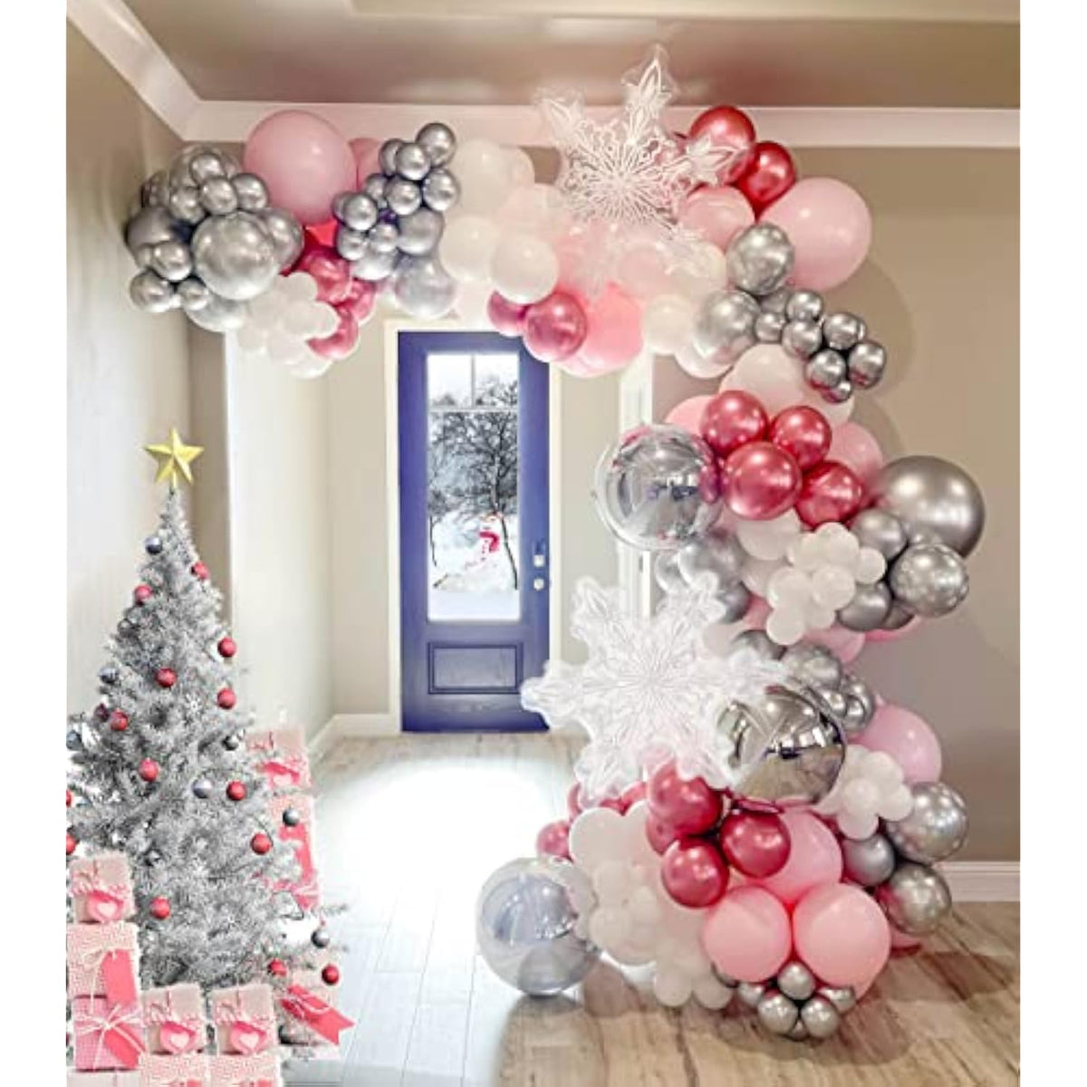 Pink Winter Wonderland Balloon Garland Arch Kit Pink Chrome Silver Red White With Snowflake Balloons For Onederland Girl Princess Birthday Party Baby Its Cold Outside Baby Shower Christmas Decorations