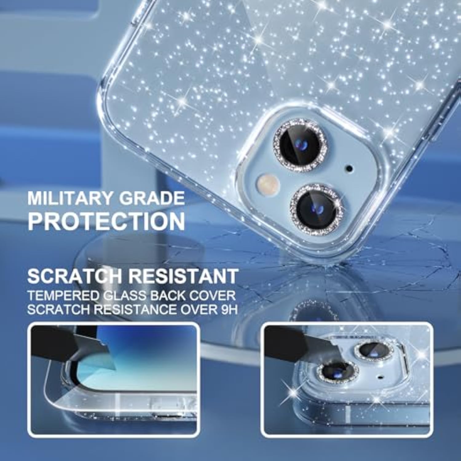 Compatible For 14 Plus Case Cute, Women Clear Glitter Bling Sparkly Case, [2 X Diamond Camera Lens Protectors] [2 X Tempered Glass Screen Protectors] 6.7-Inch (Glitter Clear)