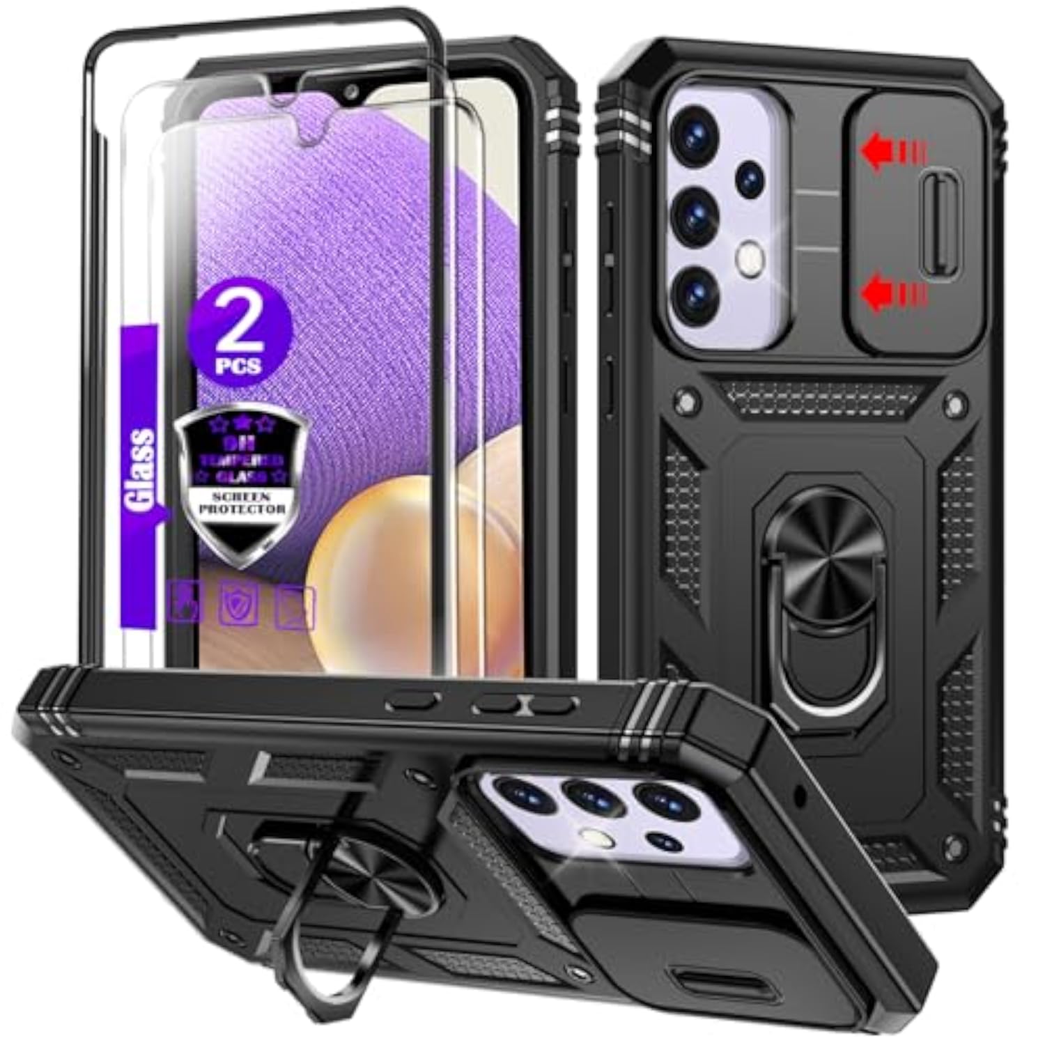 Galaxy A32 5G Case with Camera Cover Slider and 2 Tempered Glass Screen Protectors, Black