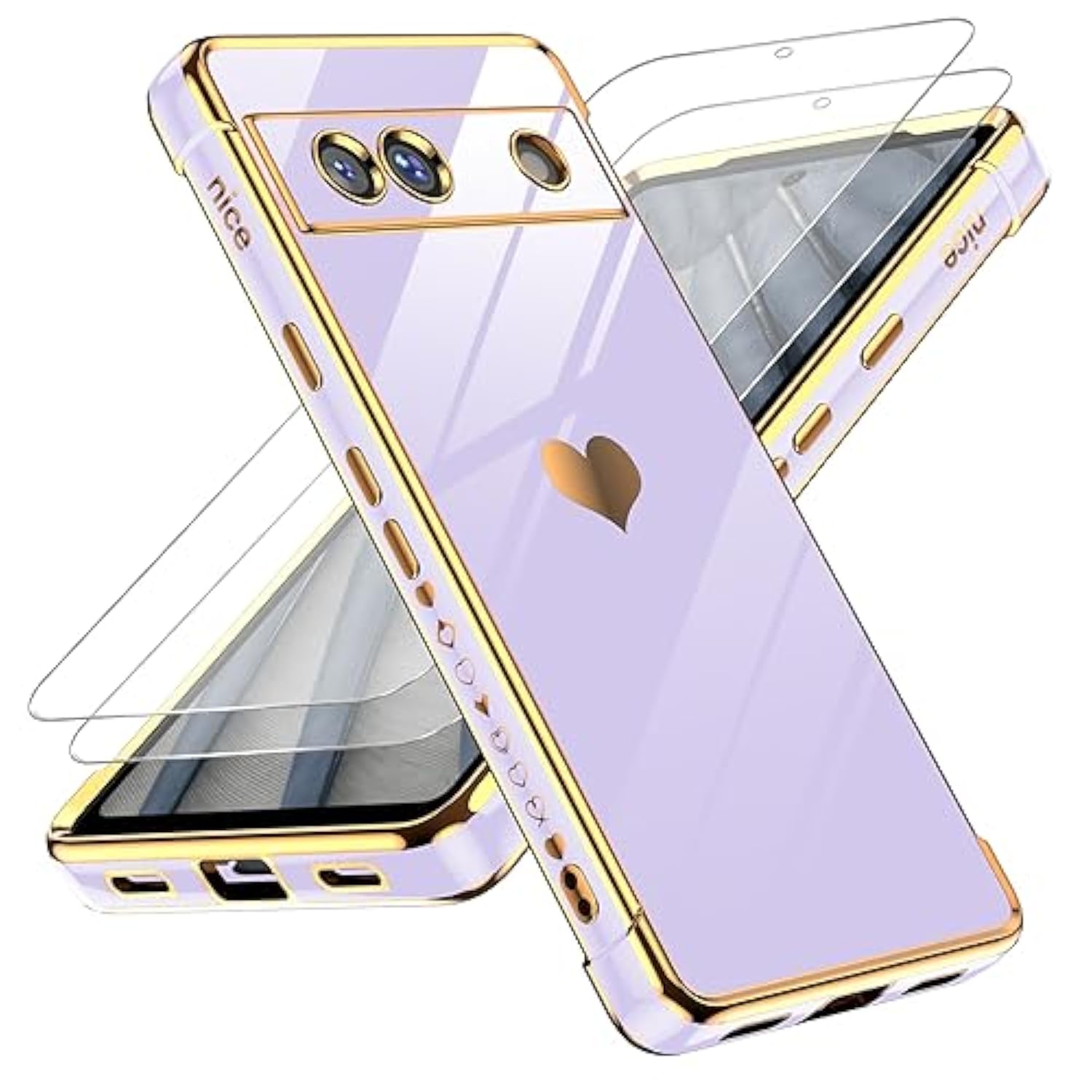 For Google Pixel 7A Phone Case: With Tempered Glass Screen Protector [2 Pcs]+ Full Camera Lens Protection,Love Heart Plating Girly Women Cute Soft Tpu Shockproof Case For Google Pixel 7A,Purple