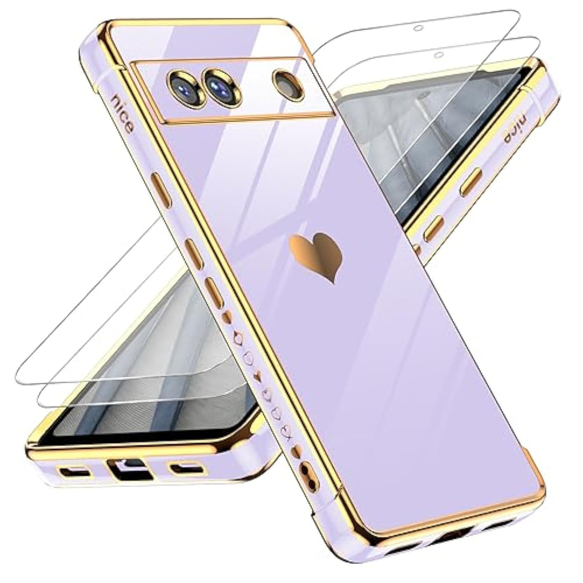 For Google Pixel 7A Phone Case: With Tempered Glass Screen Protector [2 Pcs]+ Full Camera Lens Protection,Love Heart Plating Girly Women Cute Soft Tpu Shockproof Case For Google Pixel 7A,Purple