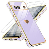 For Google Pixel 7A Phone Case: With Tempered Glass Screen Protector [2 Pcs]+ Full Camera Lens Protection,Love Heart Plating Girly Women Cute Soft Tpu Shockproof Case For Google Pixel 7A,Purple