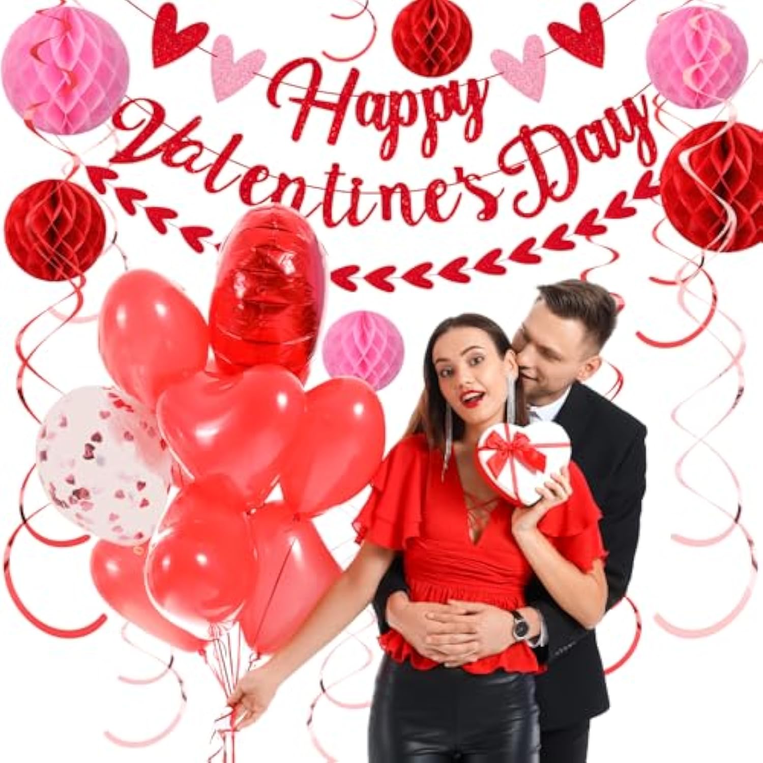 17 Pcs Happy Valentine'S Day Decorations Red Pink Glitter Heart Valentine Banner Sign Valentine Hanging Swirls Honeycomb Balls For Galentines Party Wedding Anniversary Hanging Decoration