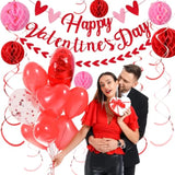 17 Pcs Happy Valentine'S Day Decorations Red Pink Glitter Heart Valentine Banner Sign Valentine Hanging Swirls Honeycomb Balls For Galentines Party Wedding Anniversary Hanging Decoration