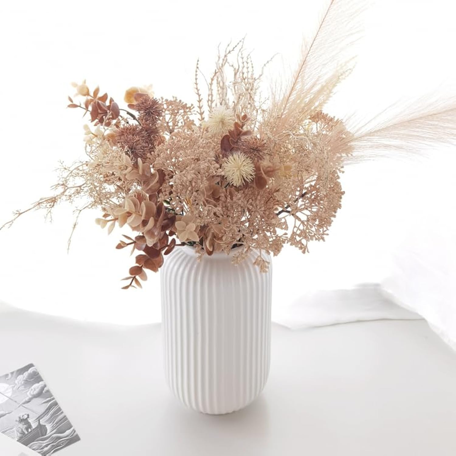 Artificial Fall Pampas Grass Flowers Bouquet Boho Home Decor Fake Floral Arrangement For Wedding Party Table Room Leaf Fall For Vases Centerpieces Autumn Harvest Festival (Beige-A)