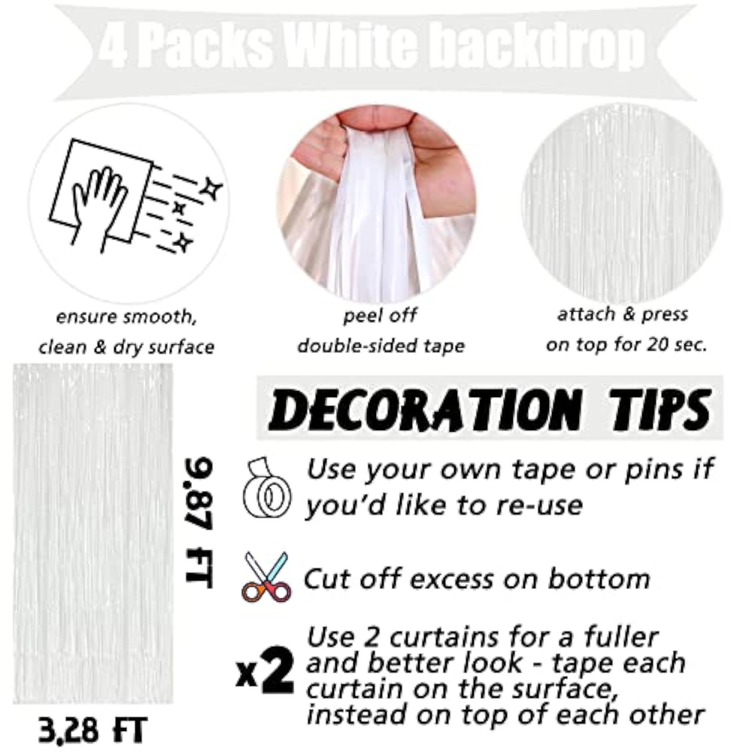 4 Pack White Fringe Curtain Backdrop, 3.2Ft X 9.8Ft Metallic Tinsel Foil Fringe Streamers Background For Photo Booth Birthday Wedding Baby Shower Carnival Easter Mother’S Day Party Decorations