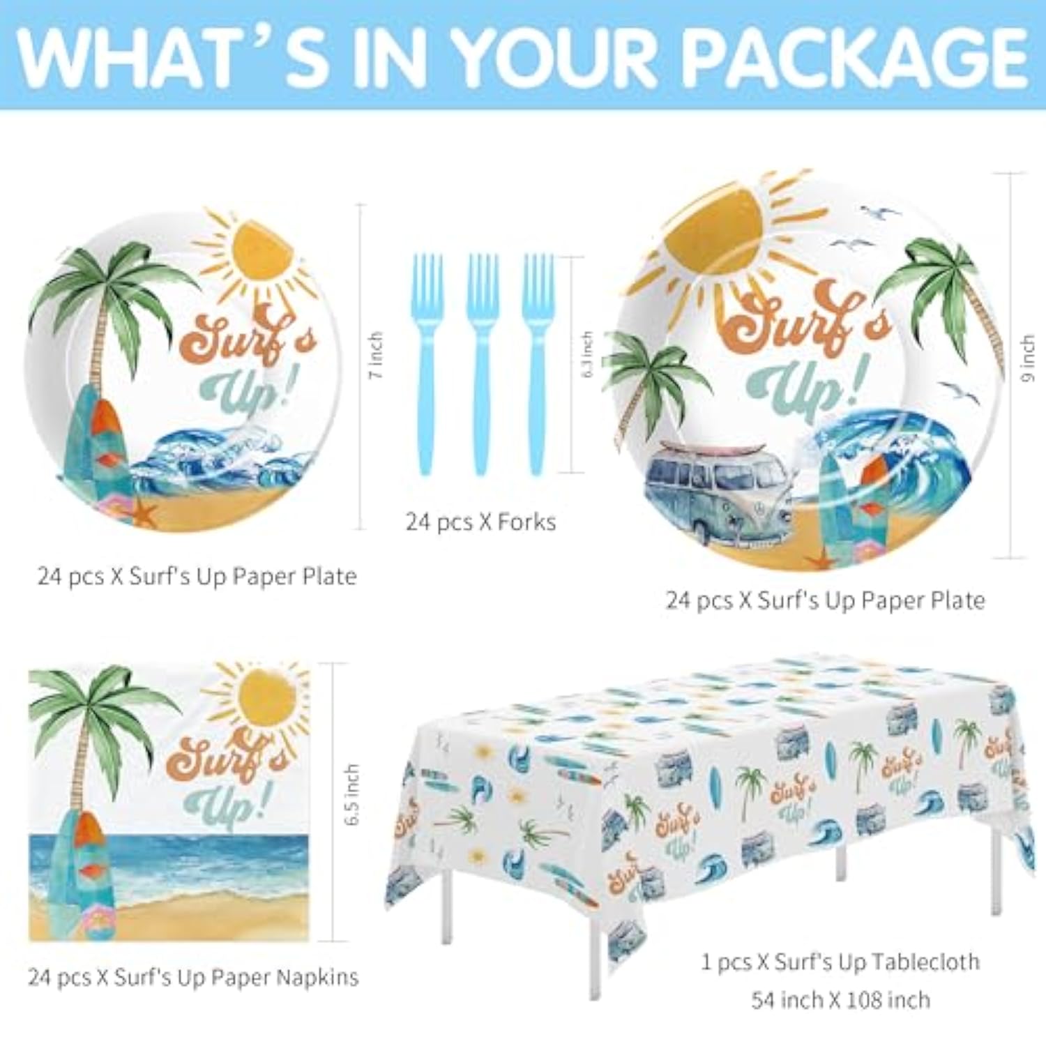Surf'S Up Birthday Party Decorations Tableware For Boys - Summer Beach Wave Surfing Birthday Party Supplies, Paper Plate, Napkin, Tablecloth, Fork | Serves 24