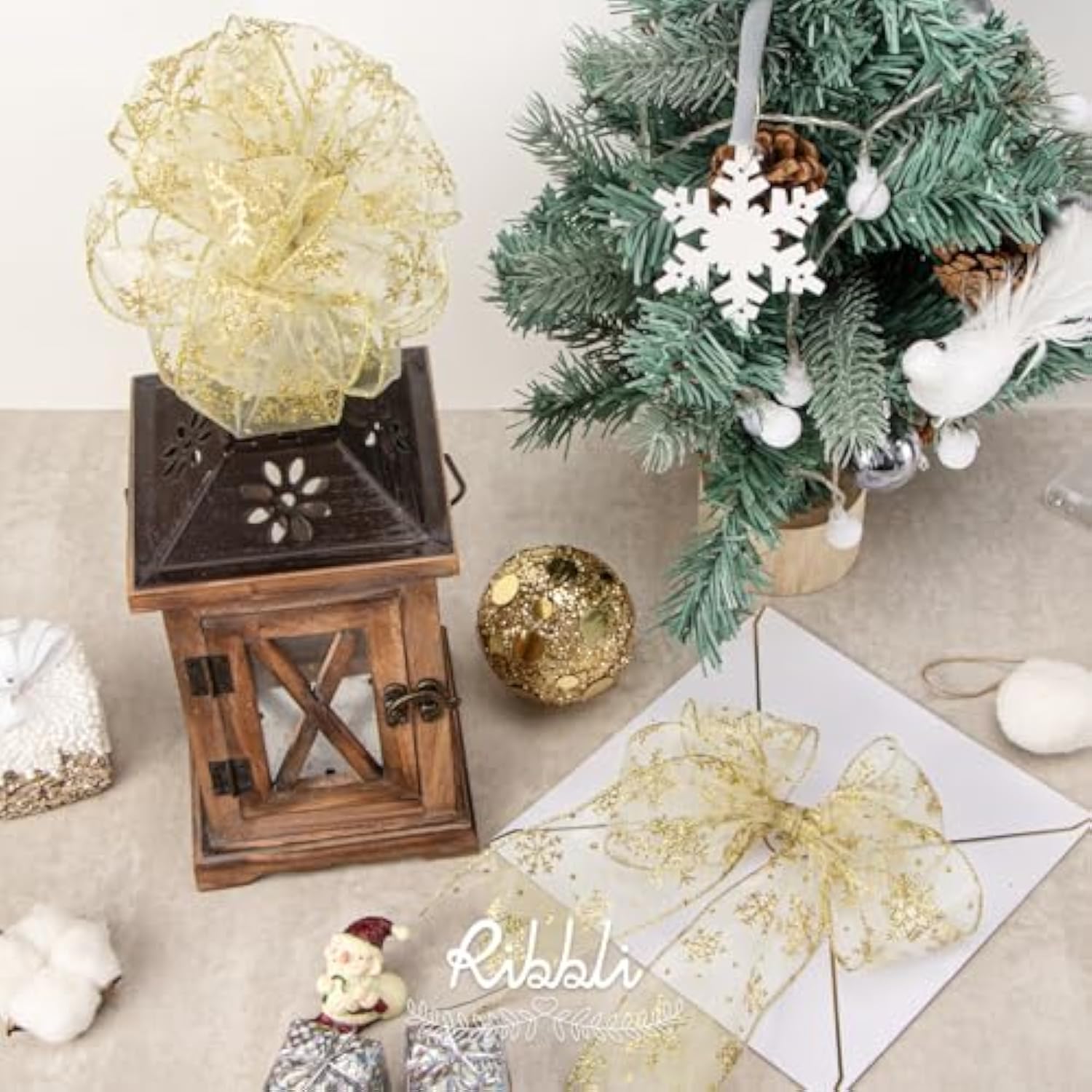 Snowflake Glitter Wired Ribbon, Ivory Organza Sheer Ribbon With Gold G