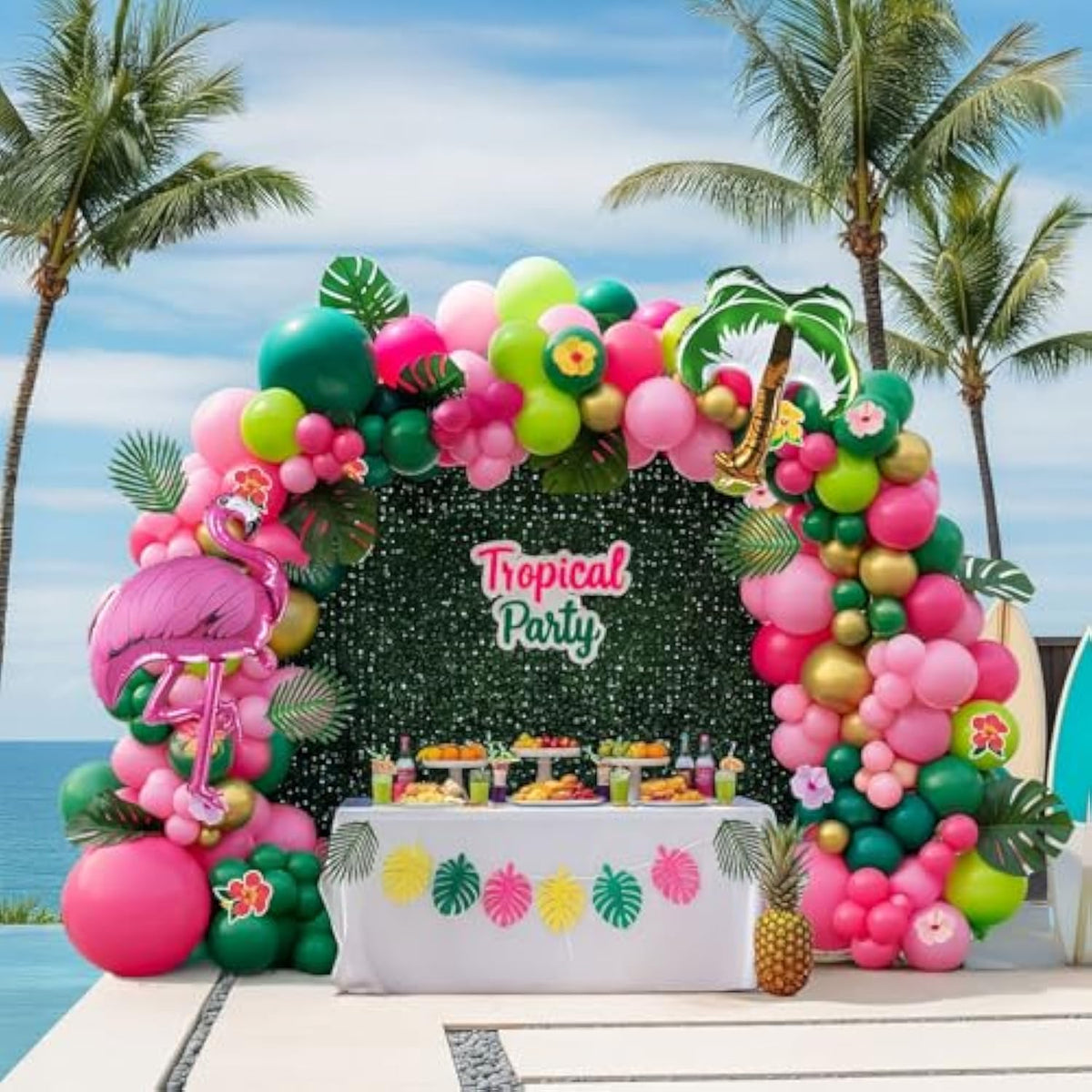 Tropical Hawaiian Balloon Garland Arch Kit With Flamingo Coconut Tree Mylar Balloon Hawaiian Flower Stickers Palm Leaves Monstera Leaf Decorations For Summer Beach Poolside Aloha Luau Theme Supplies