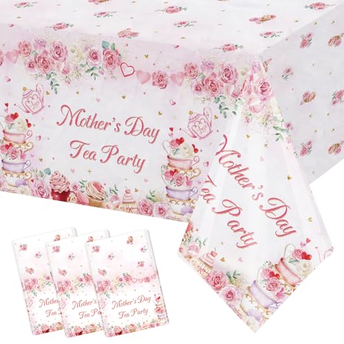 Mother’s Day Tea Party Tablecloth 3 Pack 54x108 Inch Pink Floral Rose Disposable Table Cover, Mothers Day Tea Party Decorations for Mom Brunch, Garden Party Supplies