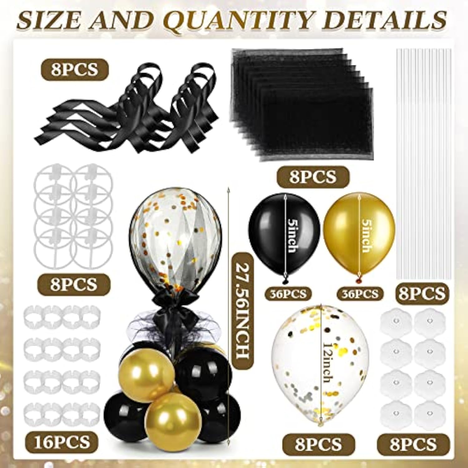 8 Set Table Centerpieces Balloons Stand Kit, 80 Pcs Latex Balloons And Table Stand Holder With Base Tulle For Wedding Birthday Baby Shower Party(Black, Gold)