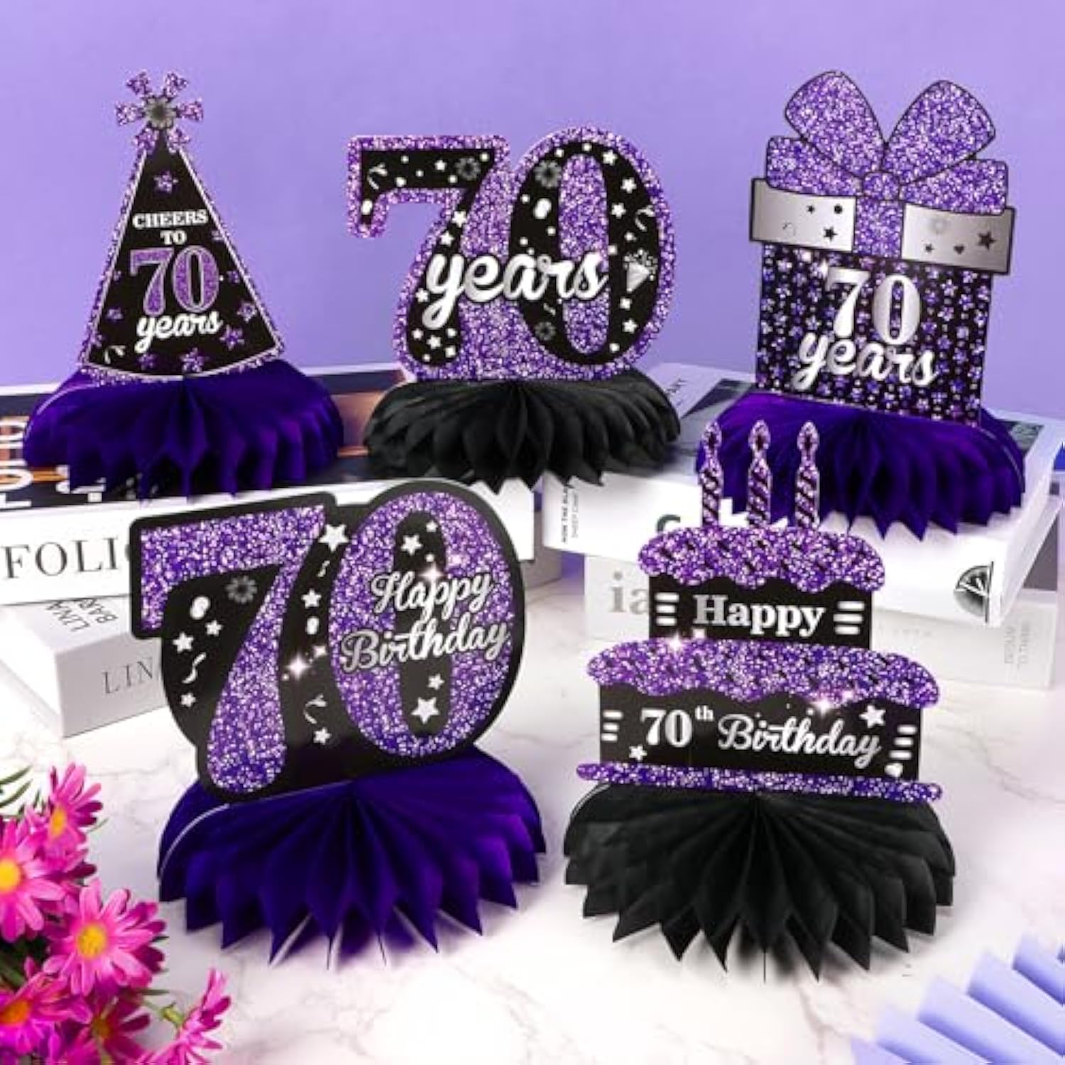 9Pcs Purple 70Th Birthday Decorations Purple Black Happy 70Th Birthday