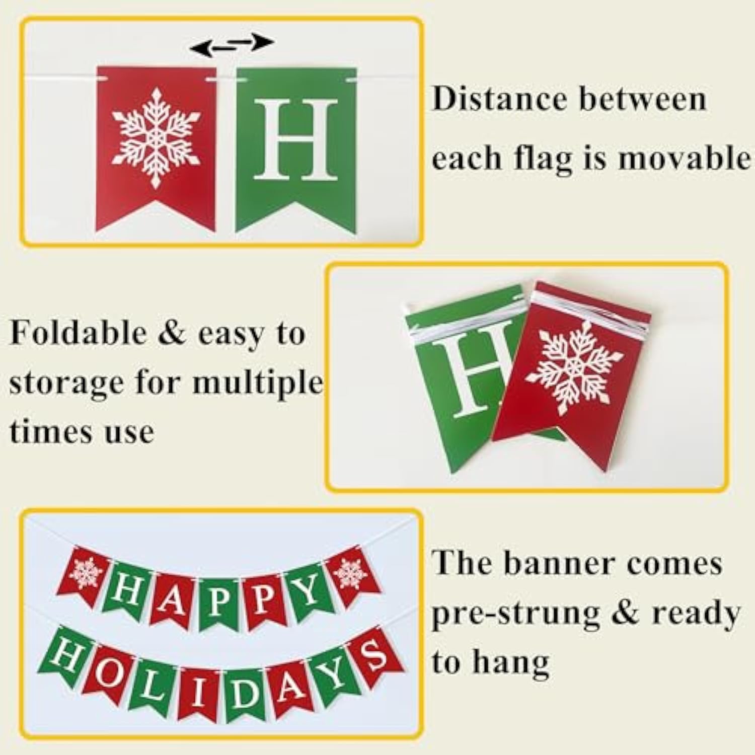 Happy Holidays Banner Merry Christmas Decorations, Green Red Christmas Banner Paper Bunting Xmas Holiday Decorations New Year Outdoor Indoor Home Office Decor