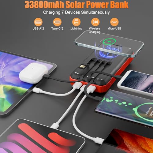 Solar Power Bank 33800mAh with Super Bright LED Flashlight, Built-in 4 Cables & Wireless Charging, Portable Charger with Compass, 7 Outputs & 4