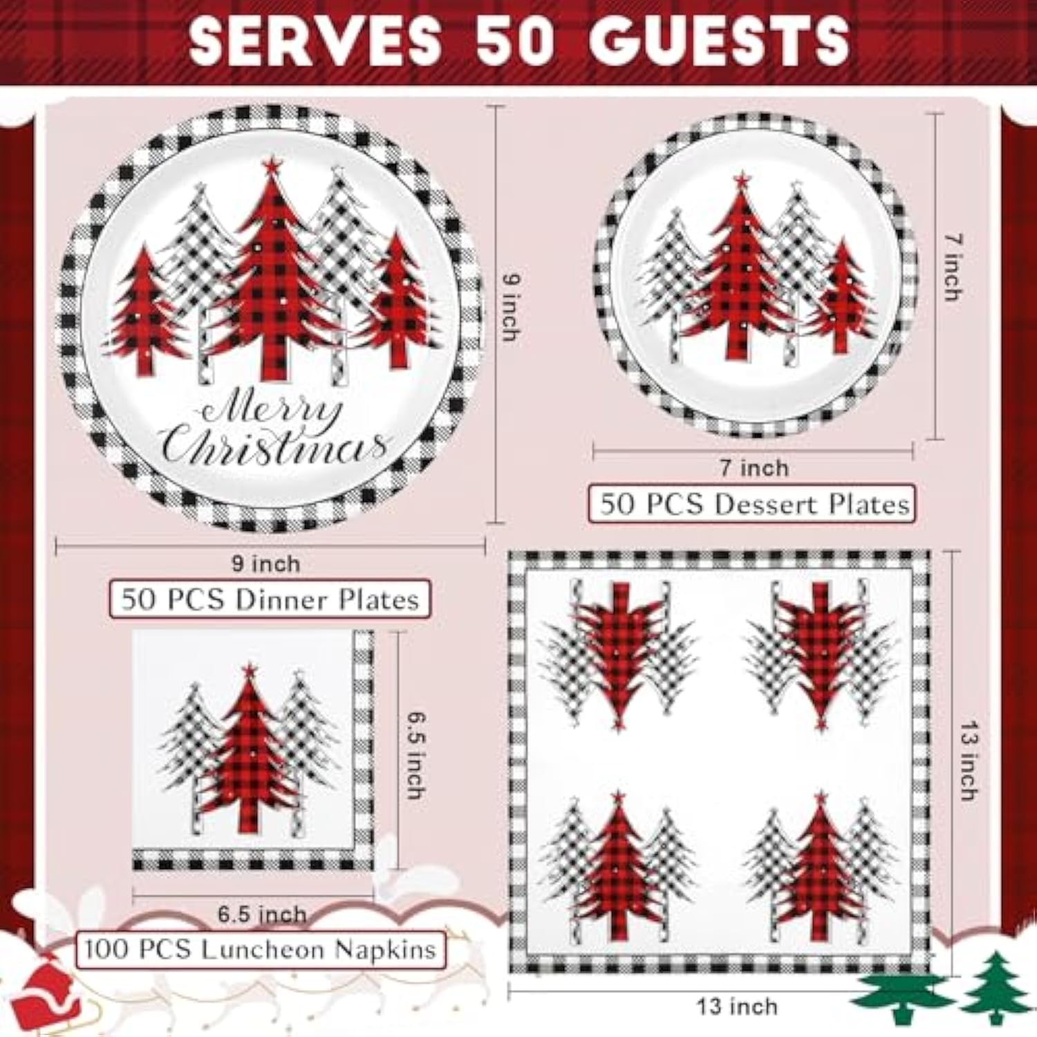 200Pcs Merry Christmas Paper Plates And Napkins Set, Christmas Tree Red & White Plates And Napkins Disposable, Christmas Disposable Dinnerware Set, Christmas Party Xmas Party Decor, Serve 50