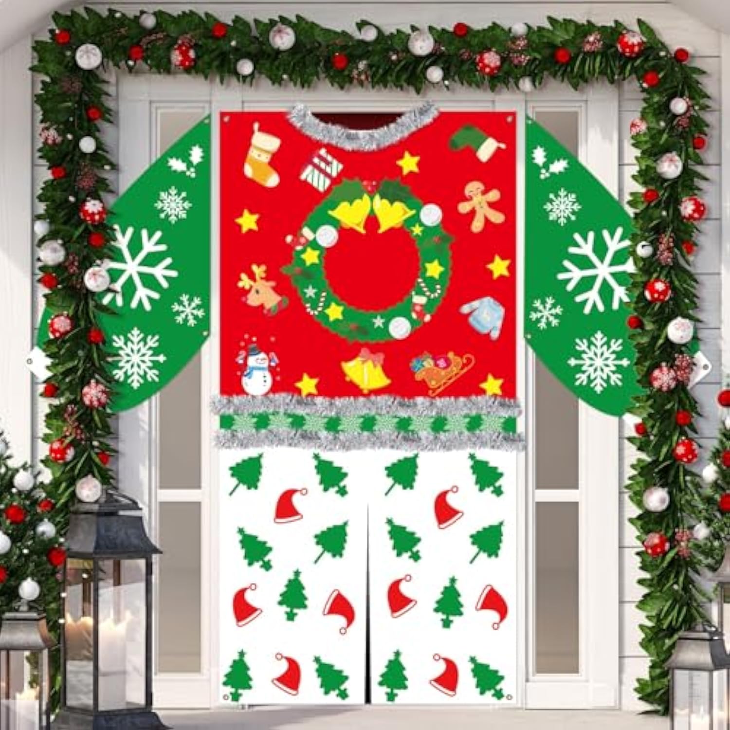 Large Christmas Ugly Sweater Door Banner in Red Green for Holiday Party Decor