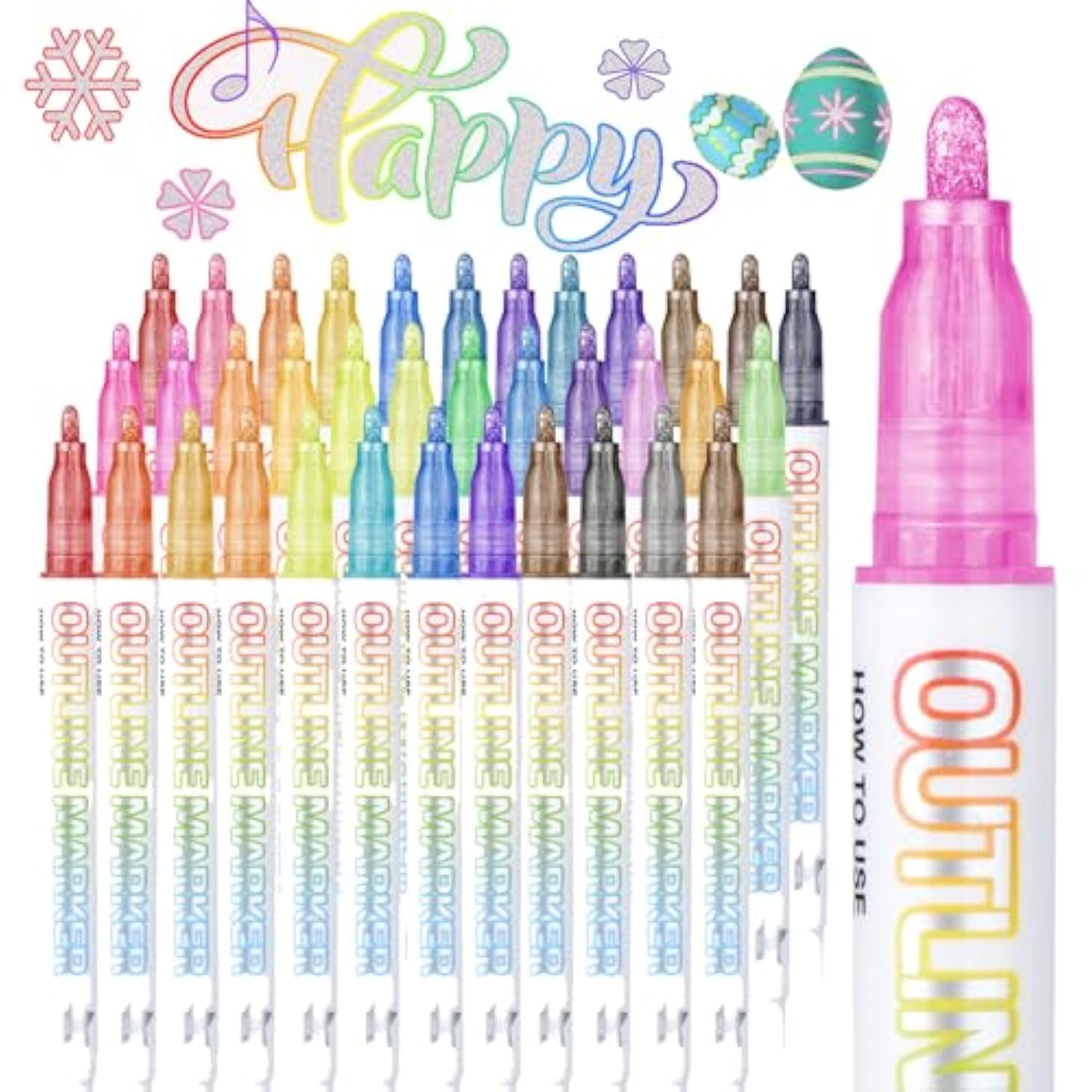 Double Line Outline Markers, Squiggles Shimmer Markers Set, 36 Pack Self Outline Metallic Glitter Marker Pens For Christmas,Art, Drawing, Writing, Greeting Cards, Diy, Scrapbook, Easter Eggs
