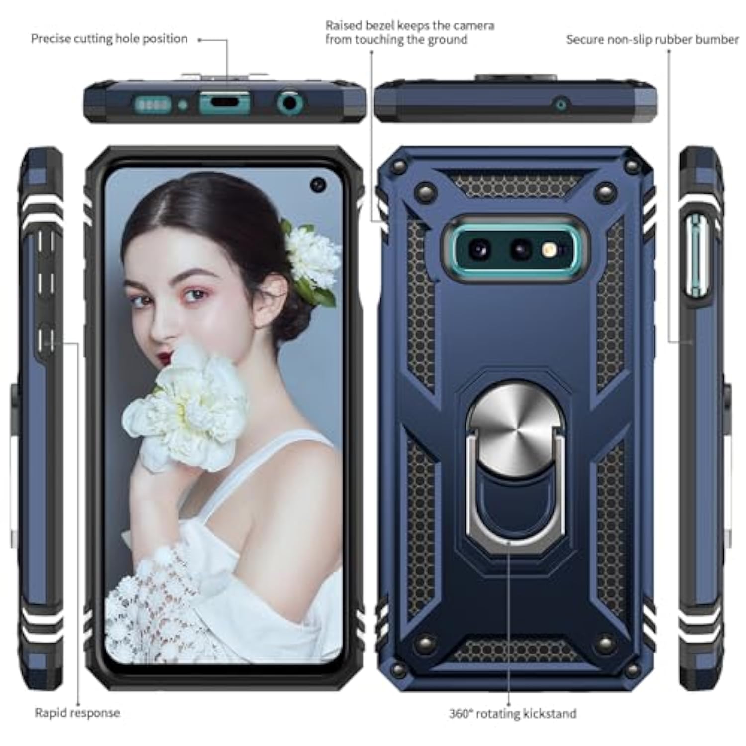 For Samsung S10E-Phone Case: Galaxy S10E Phone Case With Screen Protector And Camera Lens Protector, Heavy Duty Shockproof Cell Case Cover With Metal Magnetic Ring Holder Stand For S 10E, Blue