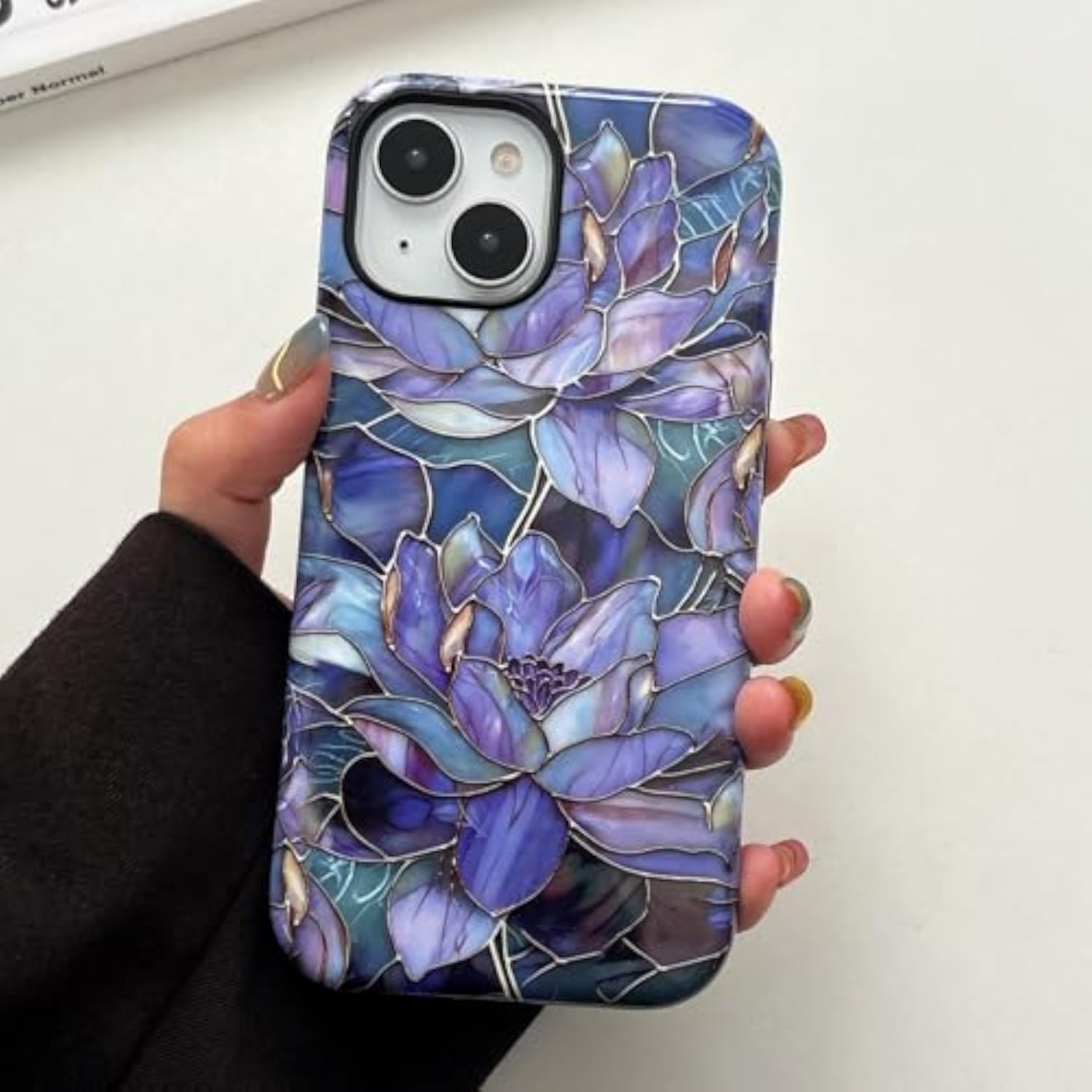 Purple Lotus Flower Case for iPhone 15, Aesthetic Cute Floral Phone Case for Women, Protective Hybrid 2-Layer Hard Shell Silicone Cover Durable Shockproof Phone Cover