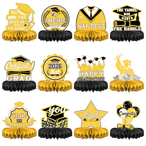 Class of 2026 Graduation Decorations, 12 Pack Black and Gold Honeycomb Centerpieces for Tables, Congrats Grad Table Centerpieces for School Graduation Party Supplies 2026