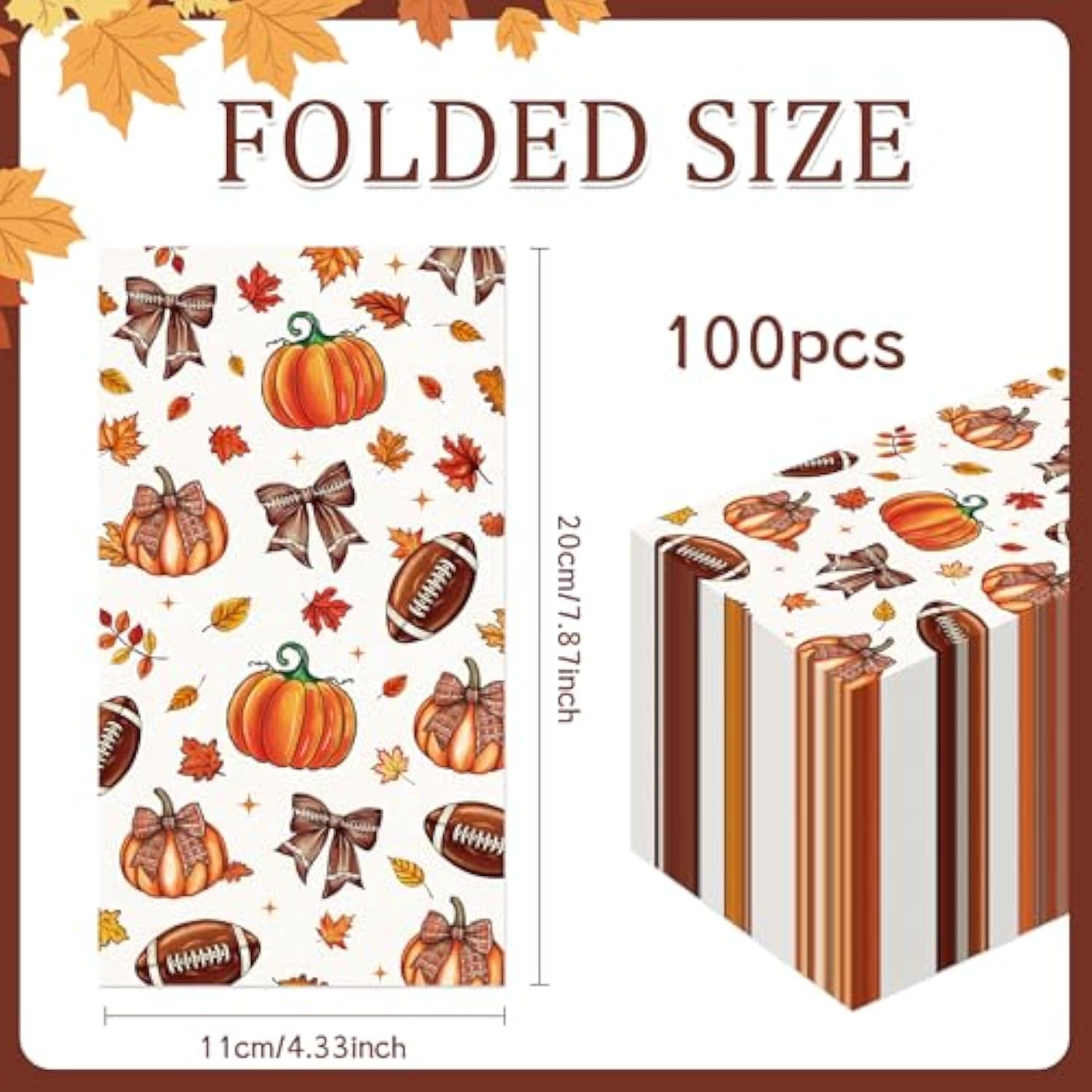 Fall Football Pumpkin Napkin - 100 Pcs Maple Leaves Pumpkin Rugby Decorative Cocktail Napkins Set, Autumn Sports Game Day Disposable Paper Hand Towels, Thanksgiving Party Decorations Supplies