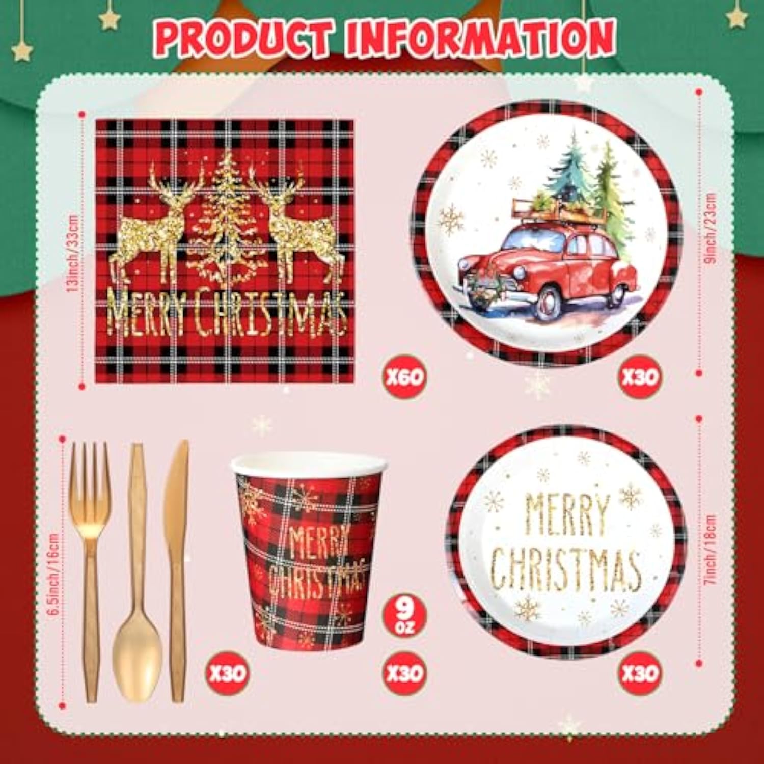 240 Pcs Christmas Paper Plates And Napkins Serve 30 Guests Christmas Party Supplies Disposable Xmas Tableware Set Plates Napkins Cups With Knife Fork Spoon(Red,Plaid Style)