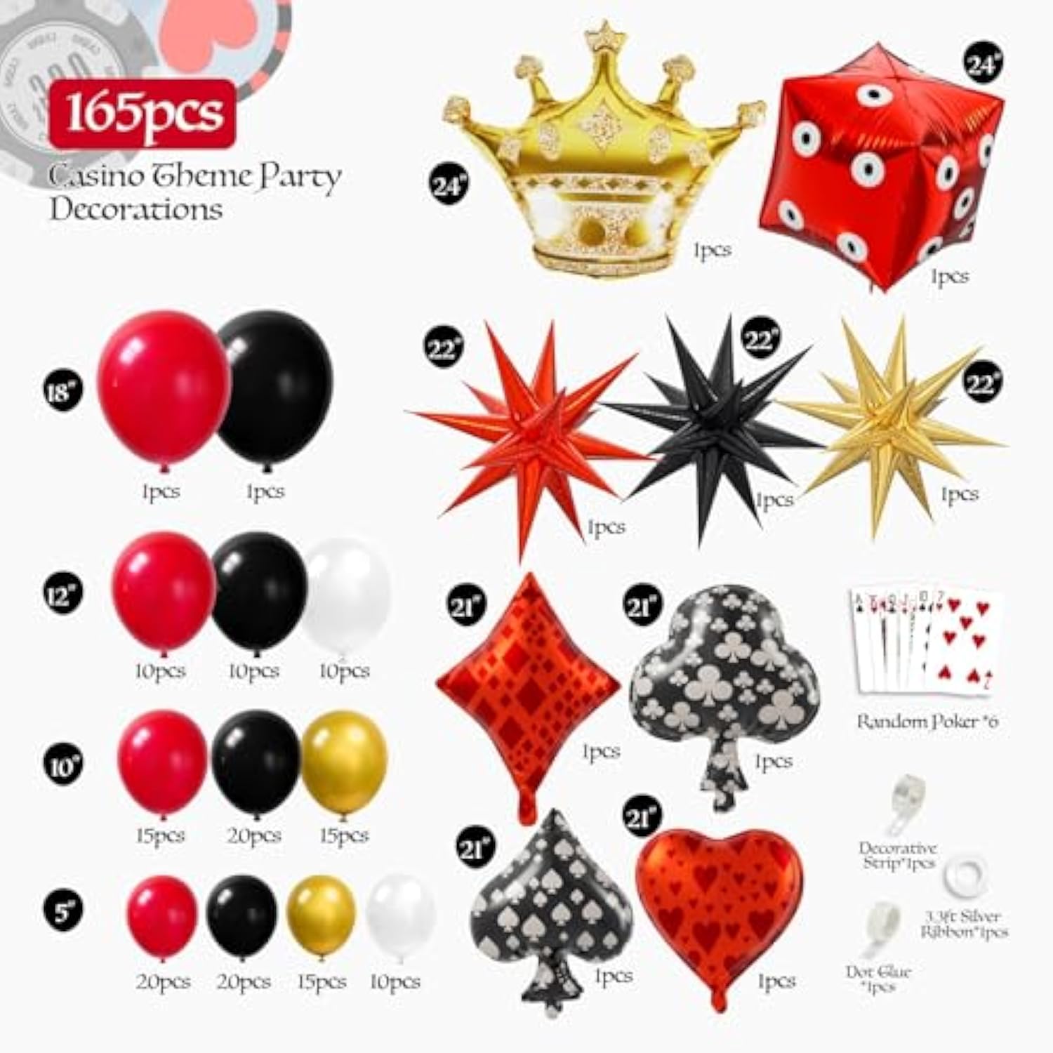 165Pcs Casino Balloon Arch Garland Kit, Red Black Gold Balloons With Star Crown Dice Poker Foil Balloons For Birthday Casino Night Las Vegas Casino Theme Party Decorations