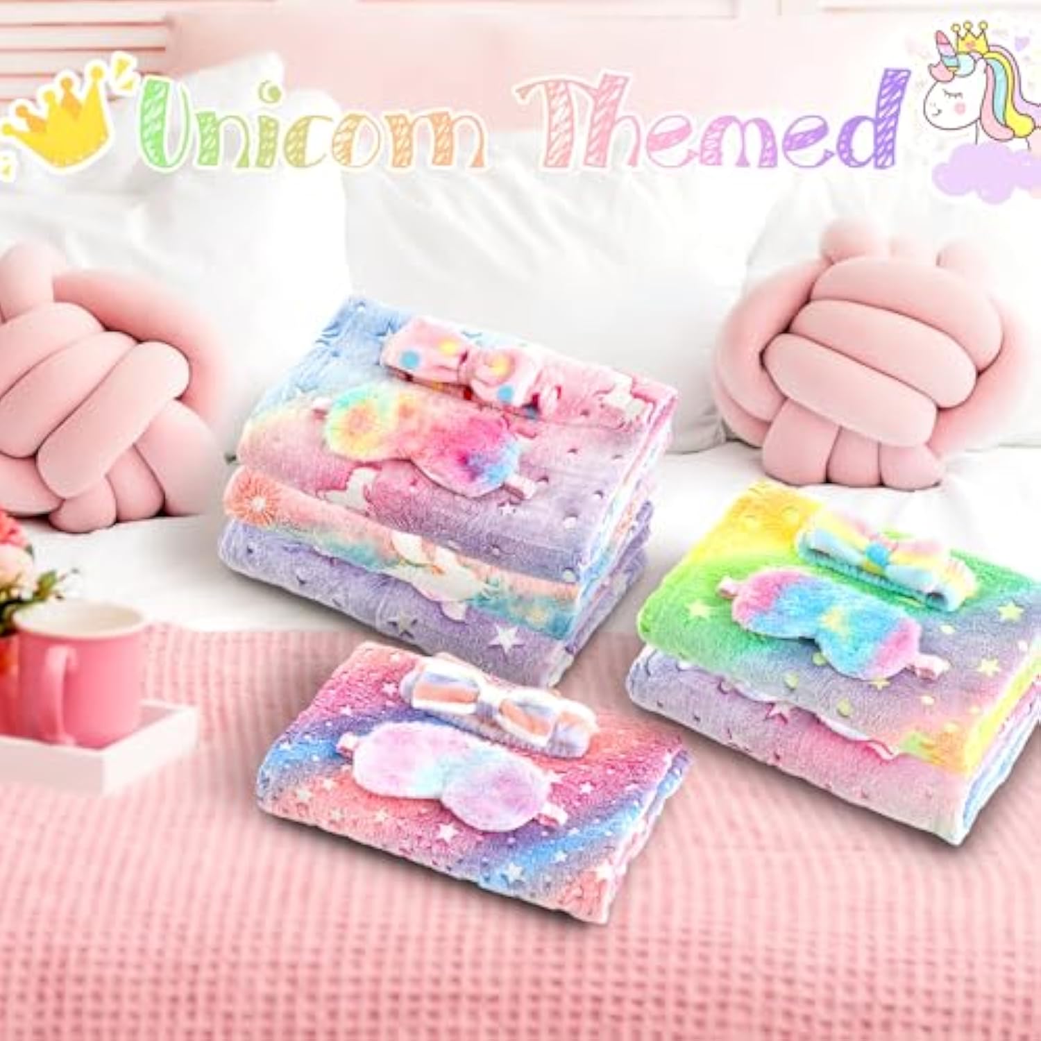 18 Pcs Sleepover Party Supplies, 6 Glow In The Dark Pink Blanket 6 Coral Fleece Spa Headband 6 Eye Mask Covers For Sleeping Slumber Sleepover Spa Party Gift(Cute)