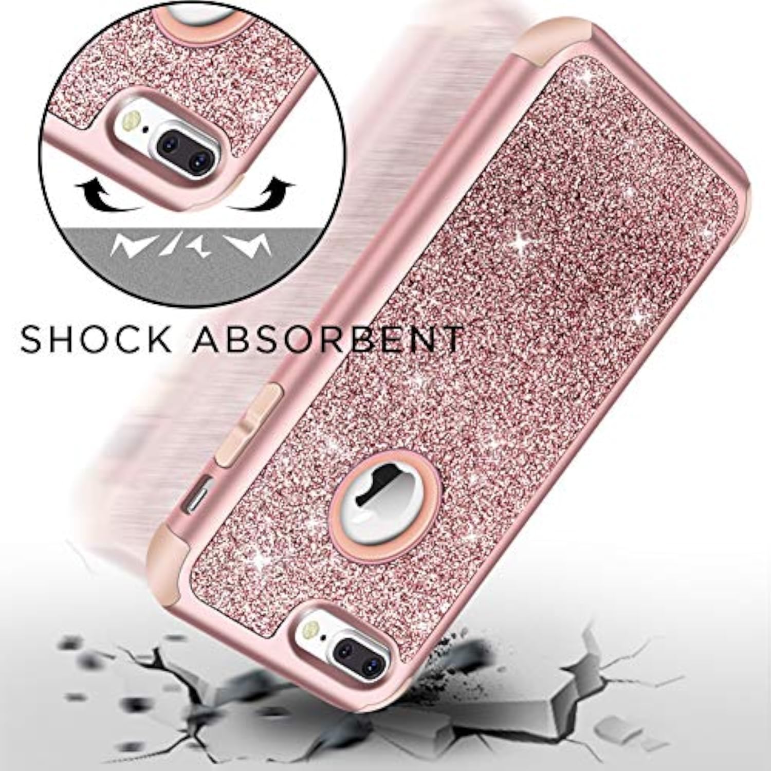 Heavy Duty Defender Protective Bling Glitter Sparkle Hard Shell Hybrid Shockproof Rubber Bumper Cover for iPhone 7 Plus and 8 Plus, Rose Gold
